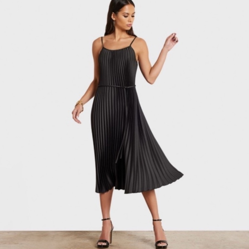 Sam Edelman Black Pleated Spaghetti Strap Midi Dress